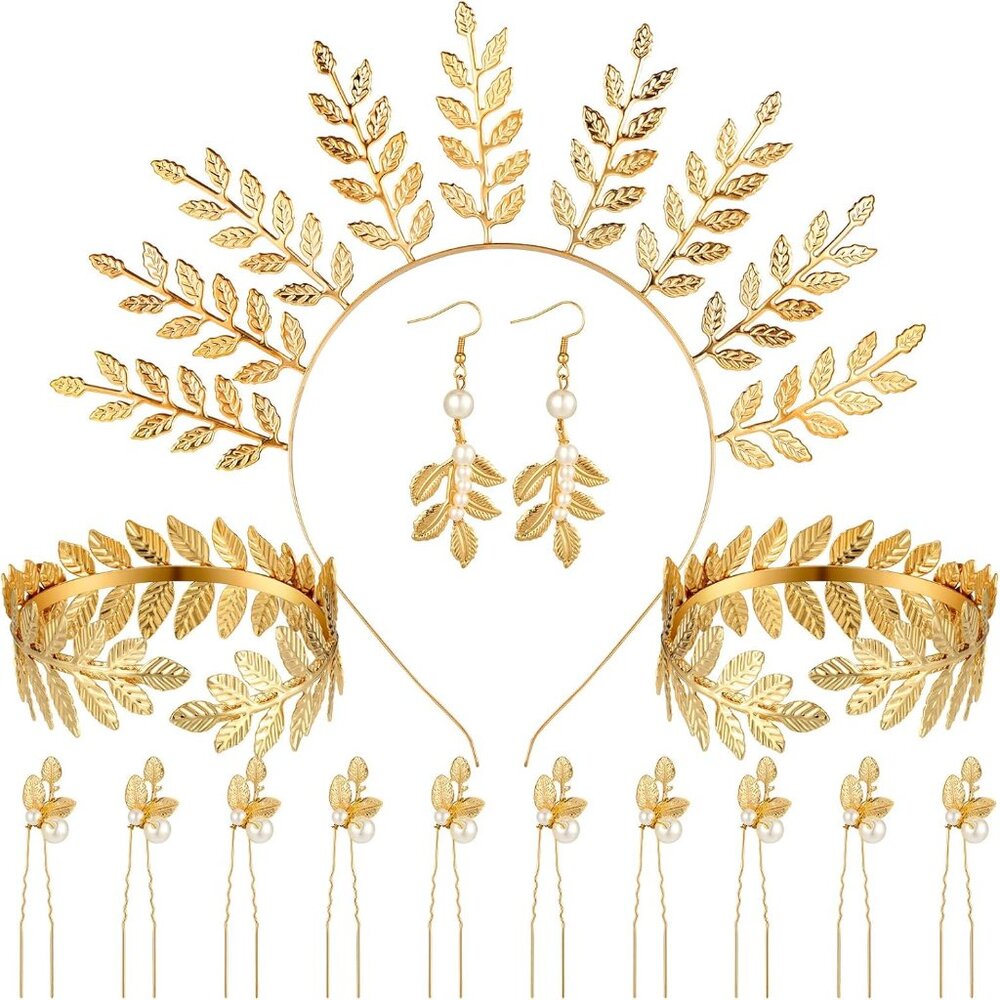 15 Pieces Greek Goddess Costume Accessories Women Toga Golden Leaves Bridal Crow - Picture 1 of 7